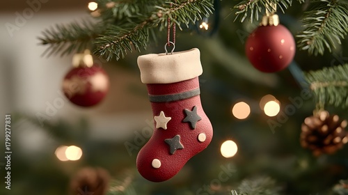 Decorative Christmas stocking ornament hanging from a festive tree branches during holiday season