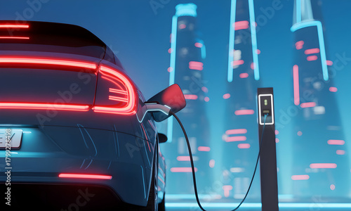 Futuristic electric car charging in vibrant city at night, promoting sustainability