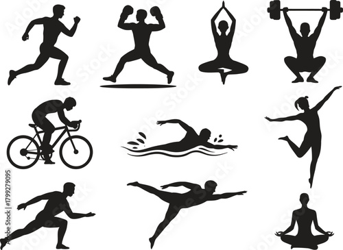 Sports Silhouette Vector Set – Running, Yoga, Cycling, Swimming, Fitness Icons