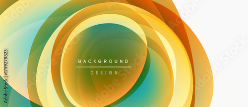 Abstract vibrant layers create circular design. Orange, yellow, teal hues blend smoothly. Modern background element for projects.