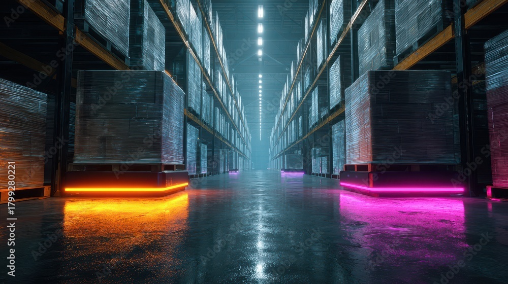Fototapeta premium A warehouse interior with rows of shelves and pallets illuminated with neon lights creating a futuristic atmosphere
