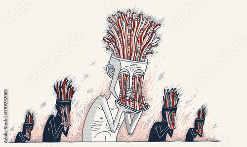 Mobile phone internet addiction, vector illustration of addicted man holding a phone with worms growing from it, brain damaging and degradation.