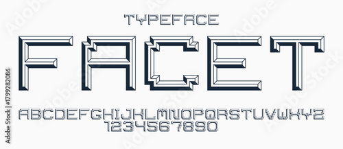 Minimal geometric cyberpunk font with facet effect, vector typeface in geometry volume style, future technology 3D urban beveled typography, alphabet letters and numbers.