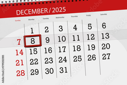 Calendar 2025, deadline, day, month, page, organizer, date, December, monday, number 8