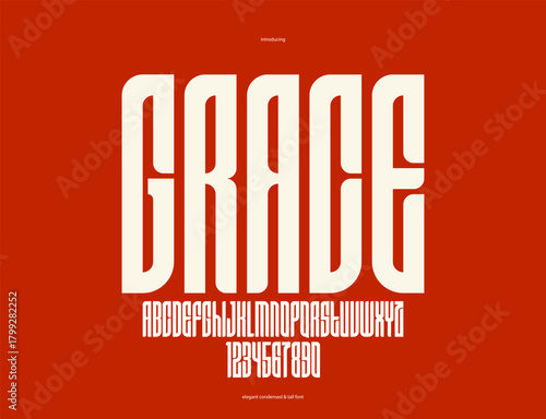 Condensed simple sans serif elegant display font for logos headers or slogans, vector tall and beautiful geometric typeface, uppercase letters alphabet with numbers, poster and advertising.