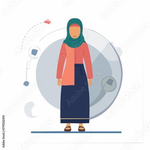Flat vector illustration of a Muslim woman in a stylish hijab and modest clothing, standing with abstract shapes, representing cultural identity and modern female representation