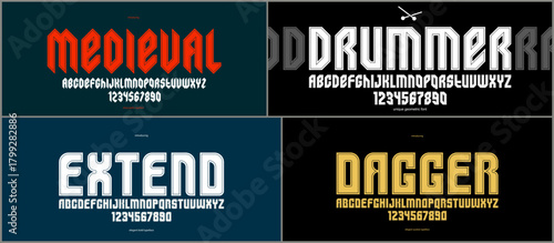 Brutal geometric vector fonts set, bold and massive alphabet typefaces, strong and heavy typeset collection, useful for logo creation, urban letters set.