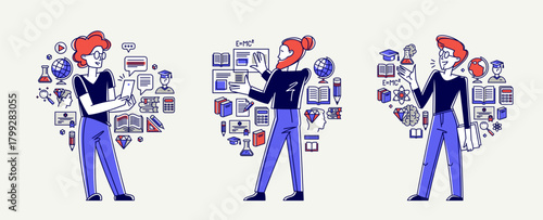 Education in university or collage, student is doing homework or preparing for exam, vector outline illustration set, study sciences and graduate.