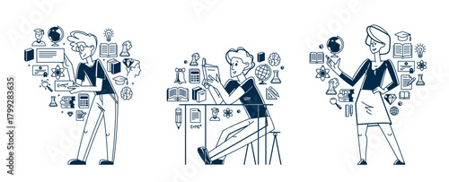 Education in university or collage, student is doing homework or preparing for exam, vector outline illustration set, study sciences and graduate.