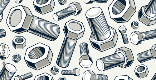 Bolts and nuts seamless background, repair and maintenance workshop tiling wallpaper, mechanic technics service endless pattern, elements easy to use separately.
