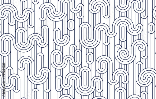 Funky lines seamless pattern, vector abstract geometric background with parallel and curvy lines, Asian style tiling wallpaper.