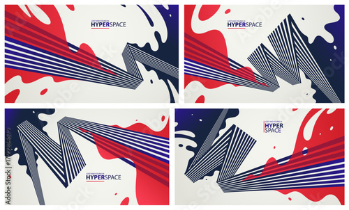 Fluid splash in motion over 3D lines in perspective space vector abstract background set, energy blast explosion in chaos, surreal explosion art wallpaper.