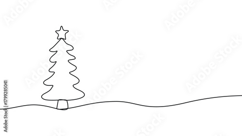 Minimalist one line drawing of a christmas tree with star topper
