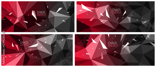 Low poly surface set with geometric particles in motion, 3D polygonal vector abstract background with dynamic chaos of flying debris, science and technology.