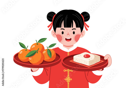 Chinese New Year Girl with Oranges and Tofu, Lunar New Year
