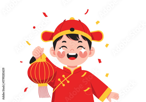 Chinese New Year Boy with Lantern, Celebration, Red Outfit