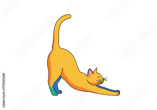 Stretching Cat Illustration Cute Yellow Cat Stretching, Cartoon Style