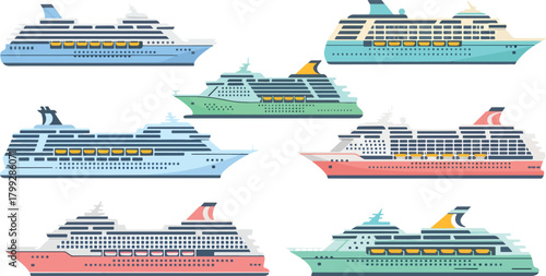 Colorful Cruise Ships Illustration Set in Flat Style for Travel and Maritime Themes