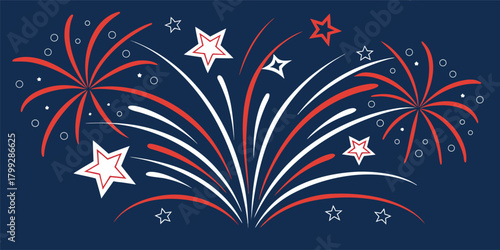 American Independence Day border filled with fireworks bursts, star confetti, flag stripes, elegant patriotic vector background.