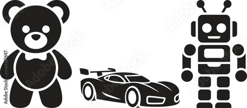 Toy Icons Vector Set – Teddy Bear, Car, Robot Silhouette Collection