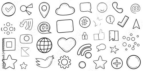 Collection of hand drawn social media icons and symbols for digital communication and networking