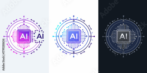 Artificial intelligence ai chipset symbol with circuitry and network connections in multiple color variations