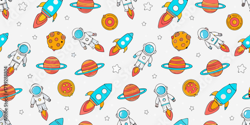 Whimsical space adventure seamless pattern featuring astronauts rockets planets and stars