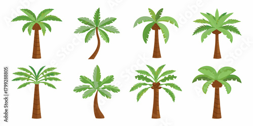 Collection of eight diverse cartoon style palm trees with green leaves and brown trunks on a white background