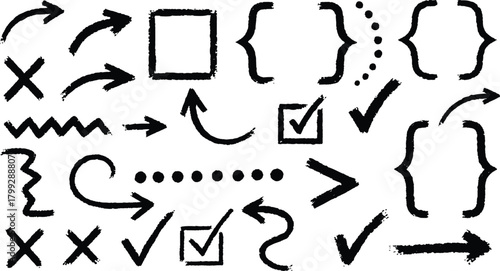  described features a collection of hand-drawn, black brush stroke icons that convey a playful and informal aesthetic. The use of a white background 