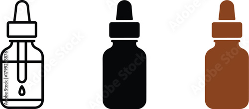 Vector illustration of isolated medical bottles, including plastic and glass containers, for liquid medicine and eye drops, with caps and droppers
