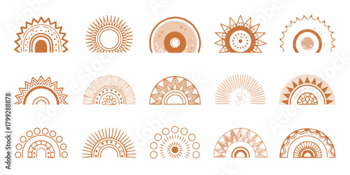 Fototapete Collection of boho sun and rainbow elements in earthy tones on white background