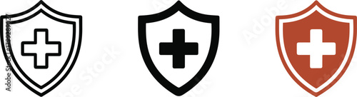 Red cross icon vector symbol of first aid with a shield and sword illustration