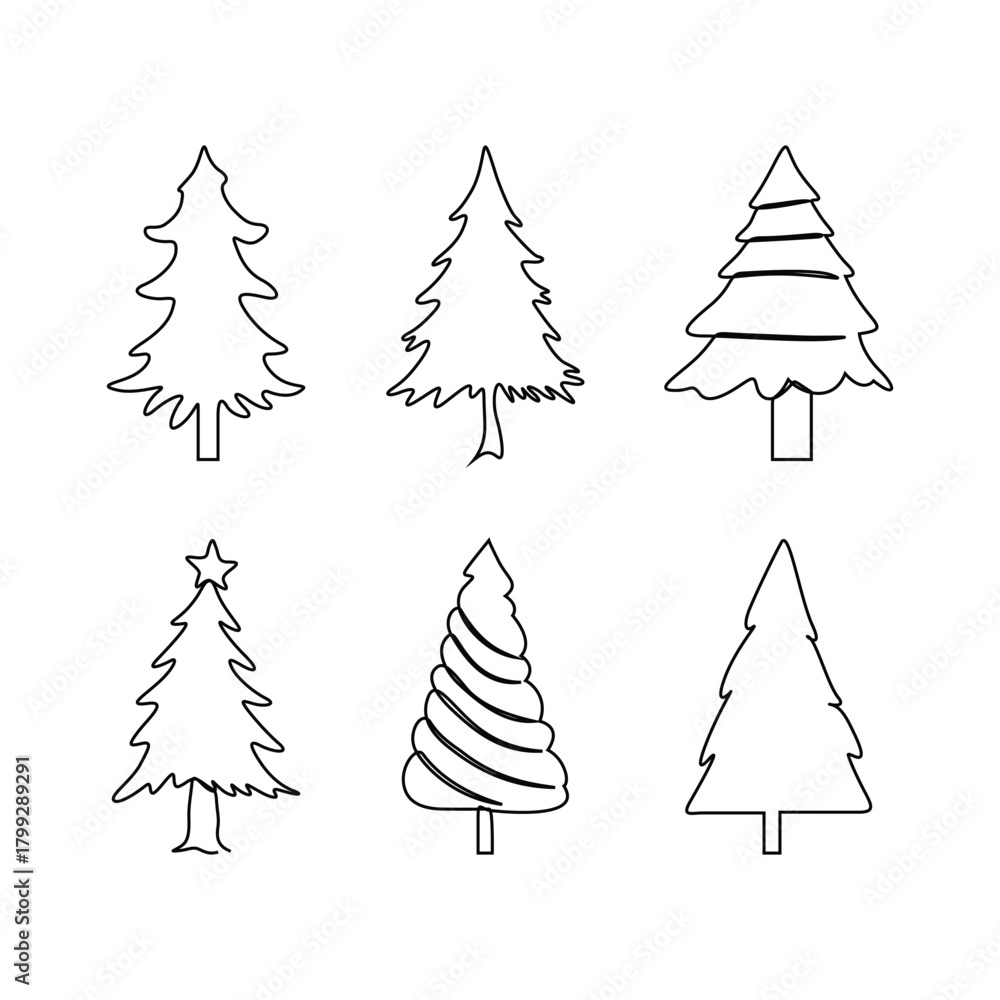 Fototapeta premium Six different stylized christmas tree outlines, isolated on white.