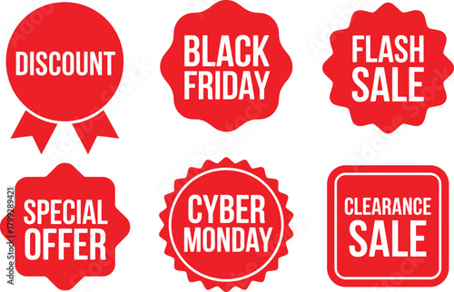 Red Sale Labels Vector – Discount, Black Friday, Flash Sale, Special Offer Badges