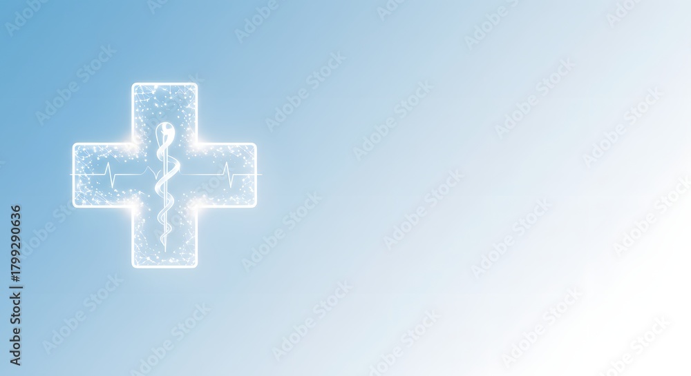 Obraz premium Digital Medical Cross Icon with Caduceus and Heartbeat on Blue Technology Background