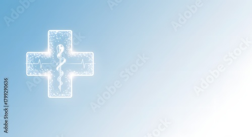 Digital Medical Cross Icon with Caduceus and Heartbeat on Blue Technology Background