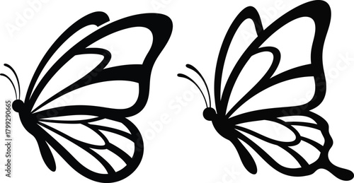 Two stylized black and white butterfly outlines facing opposite directions on a white background