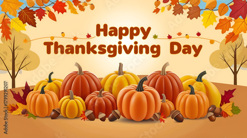 Vintage-style Thanksgiving layout featuring dried leaves, harvest pumpkins, and elegant script Happy Thanksgiving Day lettering