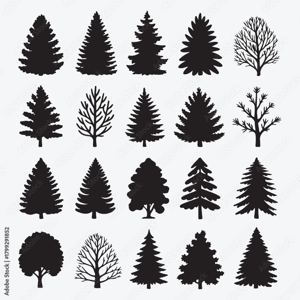 Obraz premium Seamless vector pattern with stylized green hemp leaves, tree silhouettes, and natural foliage