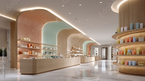 Fototapeta Naklejka Na Ścianę i Meble -  Modern and bright interior of a beauty store with shelves full of products and a minimalist design aesthetic