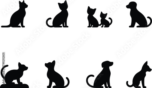 Black Silhouette Illustrations of Cats and Dogs on a White Background