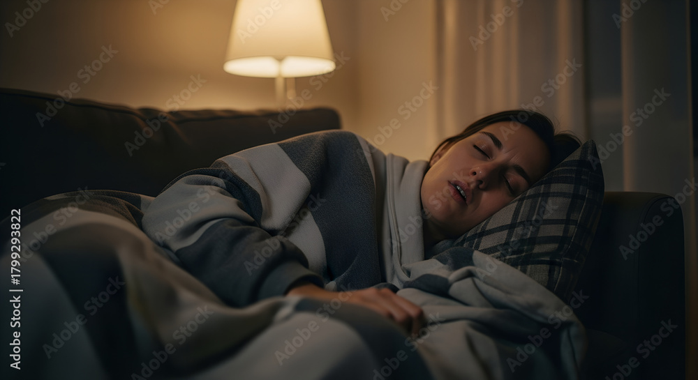 Obraz premium Woman sleeping peacefully on couch under blanket in cozy living room 