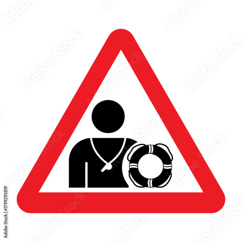 Lifeguard warning sign. Red triangle sign with lifeguard with lifebuoy icon inside. Caution symbol. Safety. Guarded beach, pool, water area.
