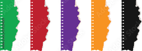 Colorful torn-paper strip set featuring green, red, purple, orange, and black edges with perforated-style dots. Clean vector layout ideal for labels, banners, dividers, and scrapbook designs.