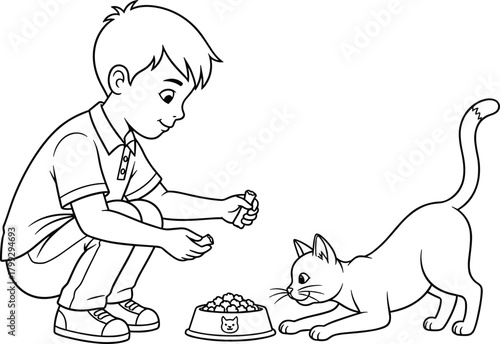 Boy gently feeding a curious cat from a bowl, line art vector illustration for pet care, childhood, animal companionship, and domestic life themes