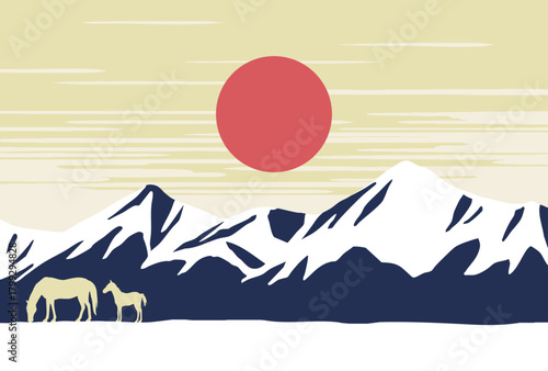馬の親子と初日の出　お正月/年賀状素材