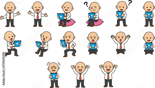 Cartoon businessman with tablet, various emotions and actions, vector illustration for office, work, tech, communication, and business presentation themes