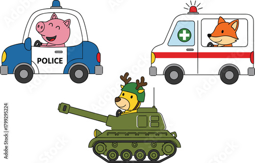 Cute cartoon animals driving vehicles, pig in police car, fox in ambulance, deer in tank, funny vector illustration for kids, education, and design