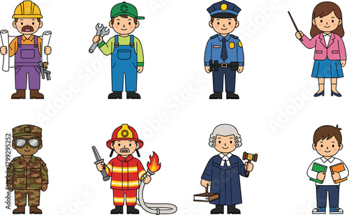 Cute cartoon children dressed as various community helpers including construction worker, mechanic, police officer, teacher, soldier, firefighter, judge, and student, ideal for education