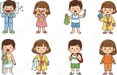 Cute cartoon children waking up, yawning, brushing teeth, bathing, dressing, and getting ready for school with happy expressions, daily routine, morning activities